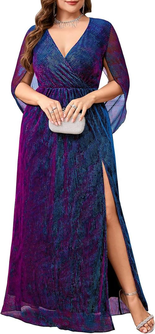 Plus Size Formal Maxi Dress Sparkly Cape Sleeve V Neck Side Split Wedding Guest Prom Evening Gown Gala (XXXL)