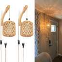 Frideko Plug in Wall Sconces Set of Two Hand Woven Lamp with Cord Rattan Lights Farmhouse Sconce Mounted Light Boho Lighting for Bedroom Living Room (Brown(2PC))