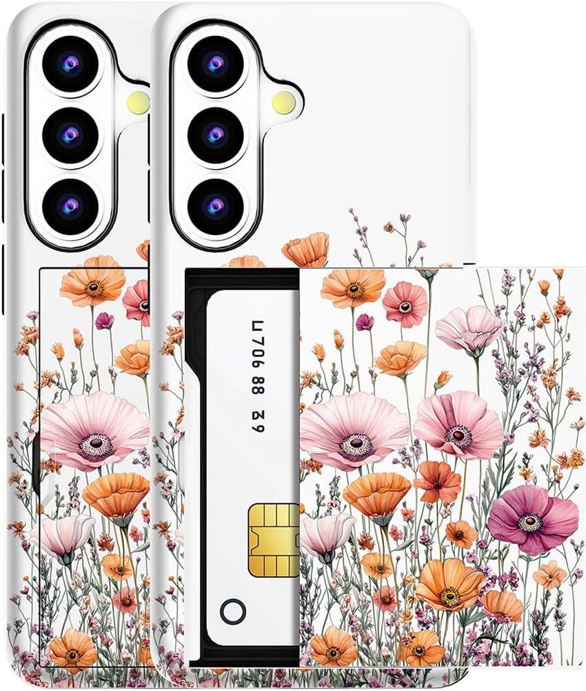 Compatible for Samsung Galaxy S26 Case with Card Holder Cute - Kawaii Design Military-Grade Drop Protection Rugged Wallet Cases for Women (White Pink Flower Fields)