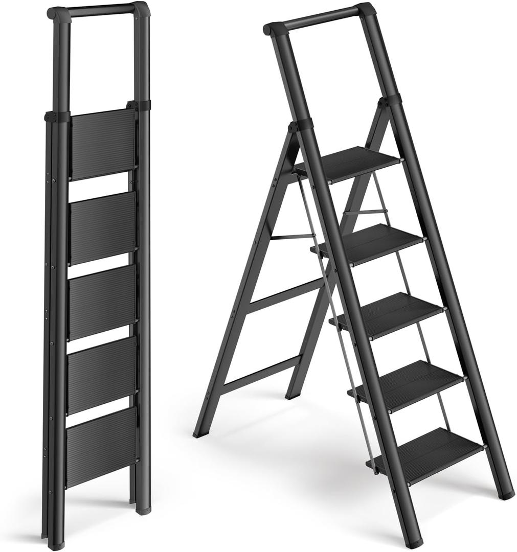 WOA WOA 5 Step Ladder with Anti-Slip Aluminum Pedal, Folding Ladder for Home with Handrails, Lightweight and Sturdy, Reach 9 ft for Kitchen Closet Office, Holds 330lbs - Black