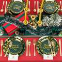 175Pcs Christmas Plates Disposable - Christmas Plastic Plate - Green Gold Xmas Dinnerware Sets for 25 Guests Include 50 Plates, 75 Silverware, 25Cups, 25Napkins for Xmas Party
