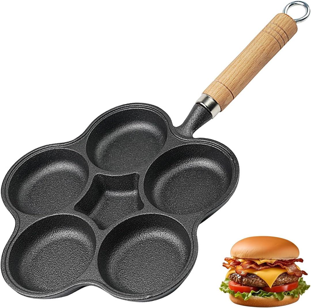 JUSTUP Nonstick Frying Pan,5-Cup Cast Iron Egg Pan Divided Grill Pan with Wooden Handle,Breakfast Skillet Omelet Pan for Egg,Steak and Burgers (Black-5)