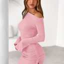 PRETTYGARDEN Long Sleeve Dress for Women 2026 Fall Off The Shoulder Cocktail Party Spring Mini Ruched Bodycon Dresses(Pink,Small) (Pink, S)