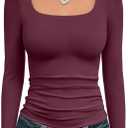 Trendy Queen Womens Square Neck Long Sleeve Double Lined Slim Fit Tops (M)