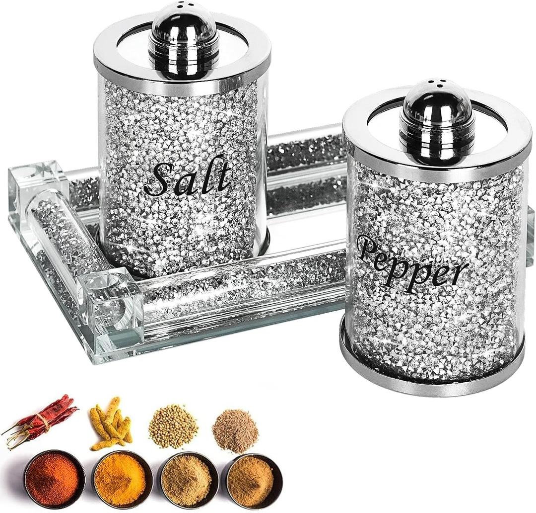 Crystal Salt and Pepper Shakers Set with Tray,Sparkly Crystal Crushed Diamond House Decor for Kitchen,Bling Salt Pepper Jar Container Pot for Countertop,saleros para cocina elegantes,Silver