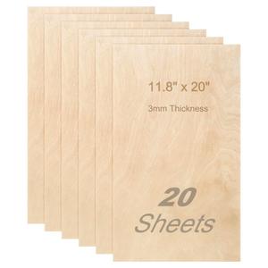 Baltic Birch Plywood 1/8x11.8x20 Inch 3 mm Thickness Wood for Laser Cutting and DIY Crafts Rectangle Wood Sheet - 20 Pack