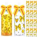 Remerry 12 Sets Softball Plastic Tumblers with Lid and Straw Bow Decorated Reusable Softball Plastic Cups Sports Party Favor for Birthday Team Party Decorations Supplies Fan Friend Birthday