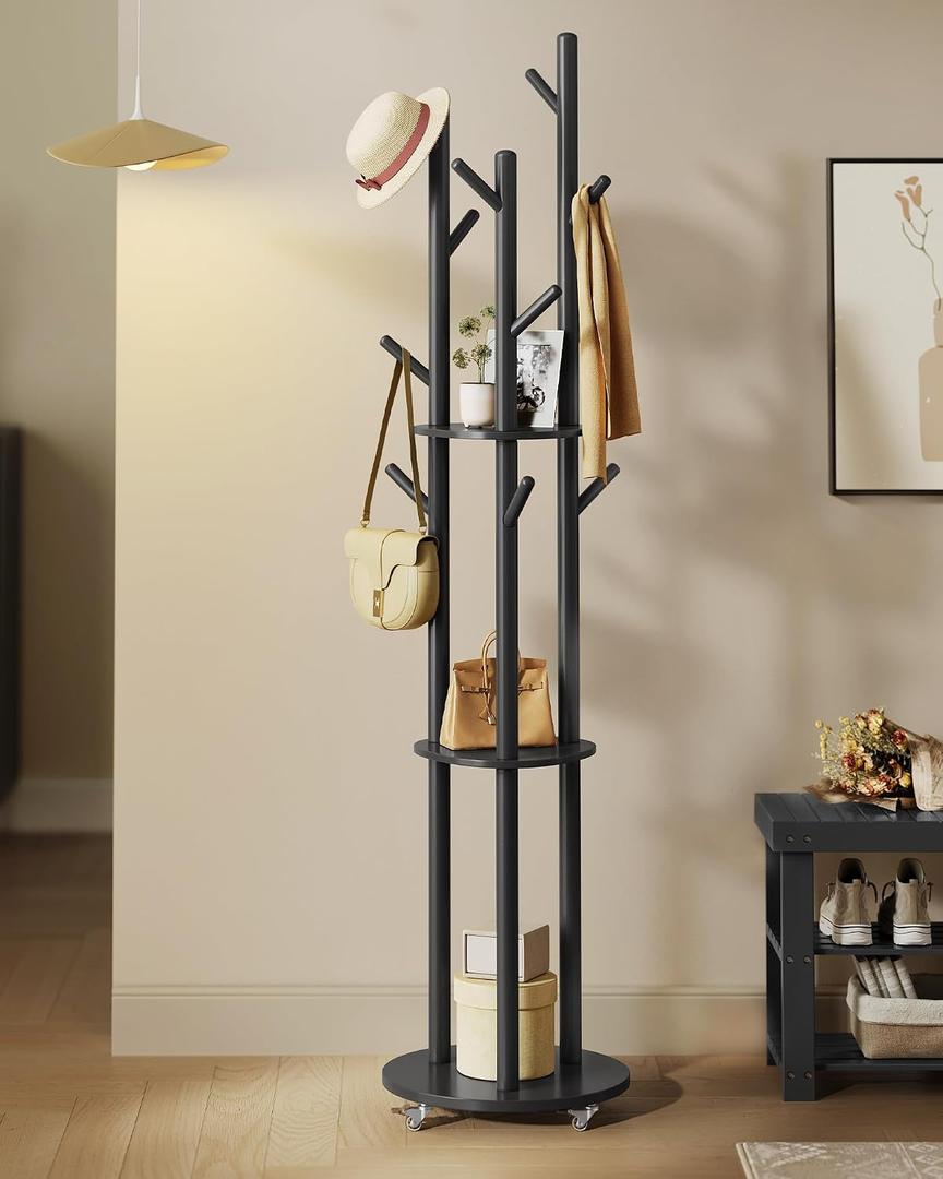 VASAGLE Freestanding Coat Rack Stand, with Wheels, 11 Hooks, 3 Shelves