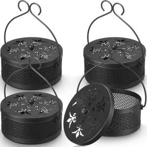 Lallisa 4 Pieces Mosquito Coil Holder Incense Coil Holder Round Retro Portable Metal Hanging Incense Burner with Handle for Home Camping Indoor Outdoor Patio(Classic Style,Black)