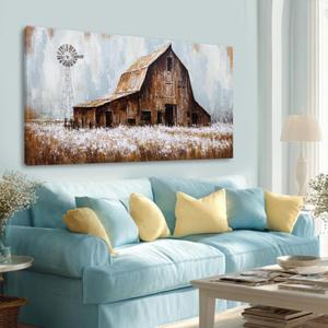 YLLTIEM Farmhouse Barn Wall Art 24x48 Inch, Rustic Country Canvas Print, Large Blue Brown Landscape Artwork, Vintage Rural Picture Decor for Living Room Bedroom Office