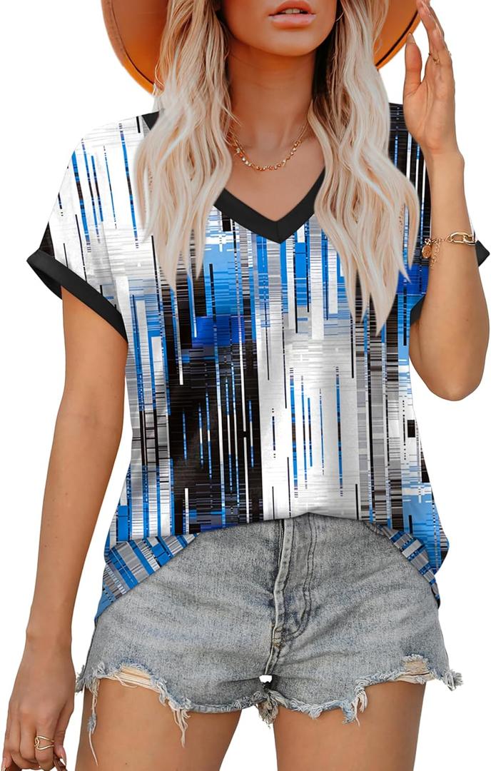 XIEERDUO Womens Summer Tops Short Sleeve Shirts Casual V Neck T Shirt Loose Fit Comfy (Blue, S)