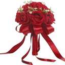 Wedding Bouquet Bride Flower Bridal Bouquets, Ribbon Artificial Rose Wedding Bouquets for Bride Bridesmaid Bouquet Dark Red Rose Bouquet Bride Bridesmaid Holding Flower for Wedding Decor