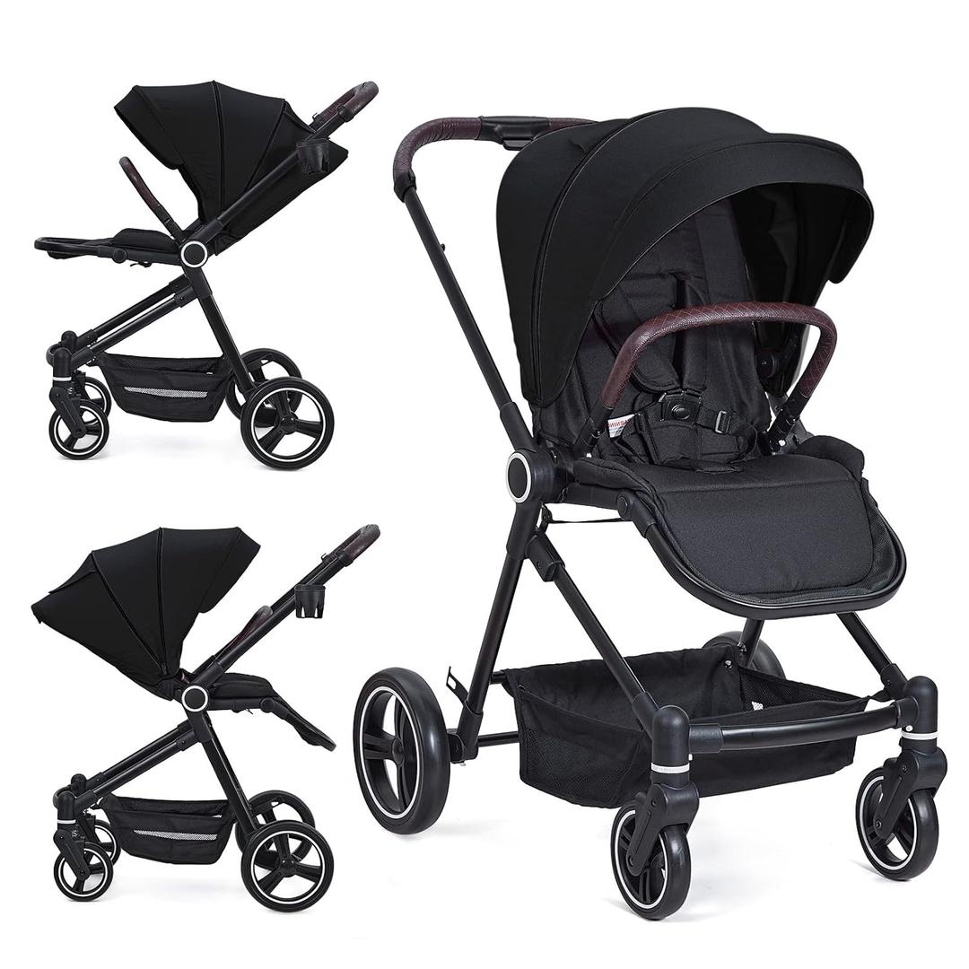 Baby Stroller for Newborn, 4 Modes Convertible Toddler Stroller, High Landscape Pushchair with Reversible Seat, One-Hand Fold, Cup Holder, Storage Basket, Adjustable Footrest & Canopy, Black