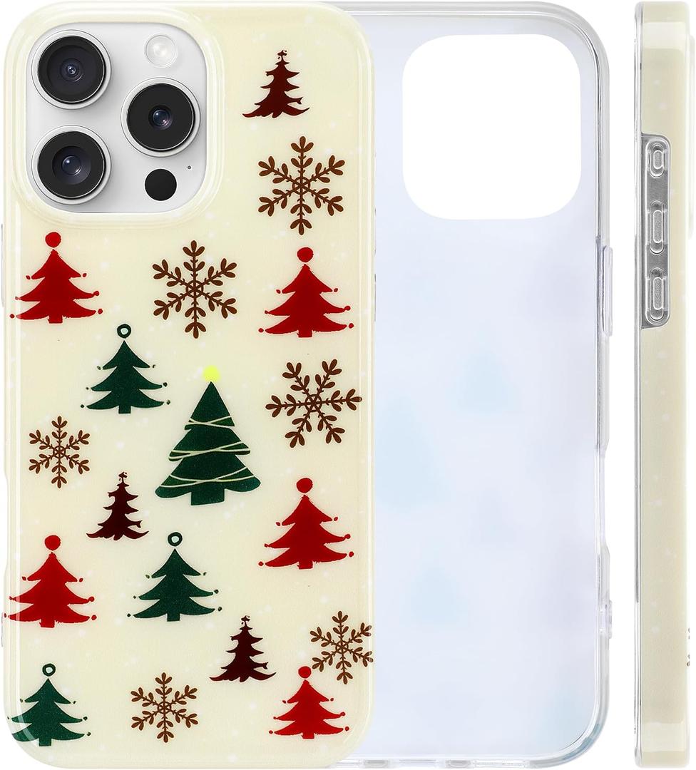 Jusy Cute Christmas Case for iPhone 16 Pro Max, Cute Aesthetic Christmas Tree Pattern Phone Case, Soft TPU Protective Phone Cover for Women Girls - Beige