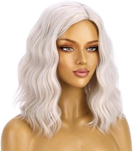 BERON Blonde Wigs for Womens Short Curly Wavy Wig Girls Platinum Blonde Side Part Wigs Shoulder Length Heat Resistant Synthetic Cosplay Party or Daily Use Wig