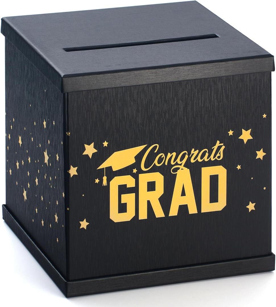 Black & Gold Graduation Card Box, Large 10x10 Black Congrats Grad Gift Card Box Holder, Grad Party Favors, Envelope Money Basket, College Graduation Decorations 2026, Party Decor, Table Centerpiece