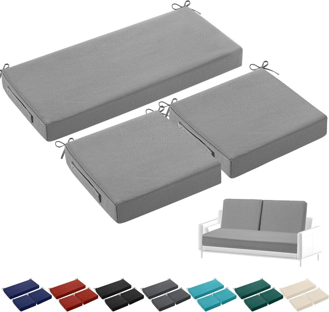 Leinuosen 3 Pcs Outdoor Chair Cushions Set 44 x 19 Inch Loveseat Waterproof Patio Furniture Love Seat Pad Cushions with Ties for Square Settee Indoor Sofa Wicker Couch Bench(Light Gray)
