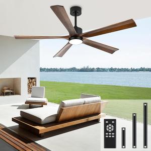 heimo 60 Inch Ceiling Fans with Lights and Remote, Wood Indoor Outdoor Ceiling Fan with Light for Patios Living Room Bedroom 5 Blades Large Mid Century Modern Waterproof Outside Fan (Walnut)