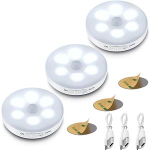 LED Motion Sensor Night Light,3 Pack Rechargeable USB Charging,3 Switch Mode Stick,Magnetic Base Smart,Wireless Wall/Step/Stair Light, Anywhere for Bedroom,Cabinet,Kitchen,Entrance (White) 
