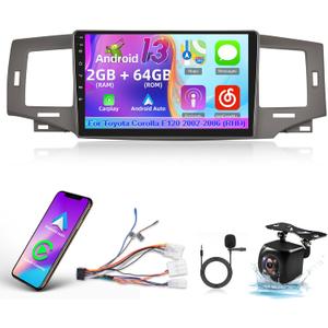 [2G+64G] Car Radio for Toyota Corolla E120 2002-2006 (RHD) - 9 inch Android 13 Touch Screen Stereo - Wireless Carplay & Android Auto, EQ Audio, Wi-Fi, GPS, Mirror Link, SWC + AHD Backup Camera