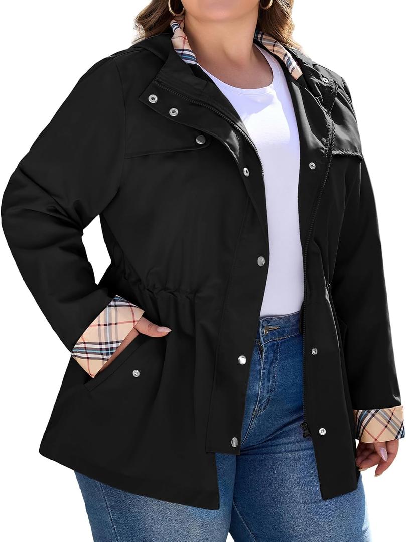 Bloggerlove Rain Jacket Women Plus Size Long Raincoat with Hood Waterproof Outdoor Trench Coat 4XL