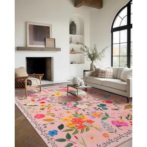 Area Rug 9x12, Washable Large Rugs for Living Room, Non Slip 0.27" Low Pile Vintage Floral Large Carpet for Bedroom, Dining Room, Kids Playroom (Pink)