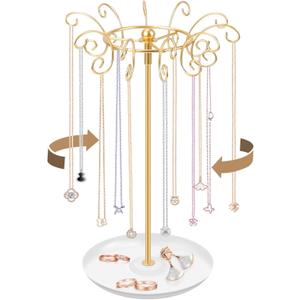 Necklace Holder Jewelry Stand, Gold Necklace Organizer Display with 20 W-shaped Hooks,Jewelry Organizer for Necklaces Earrings Rings Storage Tree, Presents for Women