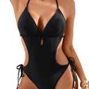 SOLY HUX Women's One Piece Bathing Suits Halter Neck Cutout String Cheeky Swimsuits Beachwear (Medium, Black)