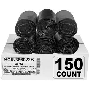 Aluf Plastics High Density Trash Bags, 60 Gallon, 150 Count, 22 Micron (eq), 38" x 60", Black, for Bathroom, Office, Industrial, Commercial, Janitorial, Municipal, Recycling