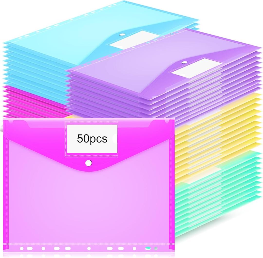 Fuutreo 50 Pcs Binder Pockets for 3 Ring Plastic Envelopes Pocket Folders 11 Hole Snap Button Binder Pouch with Label Expandable Organizer for 2/3/4 Ring