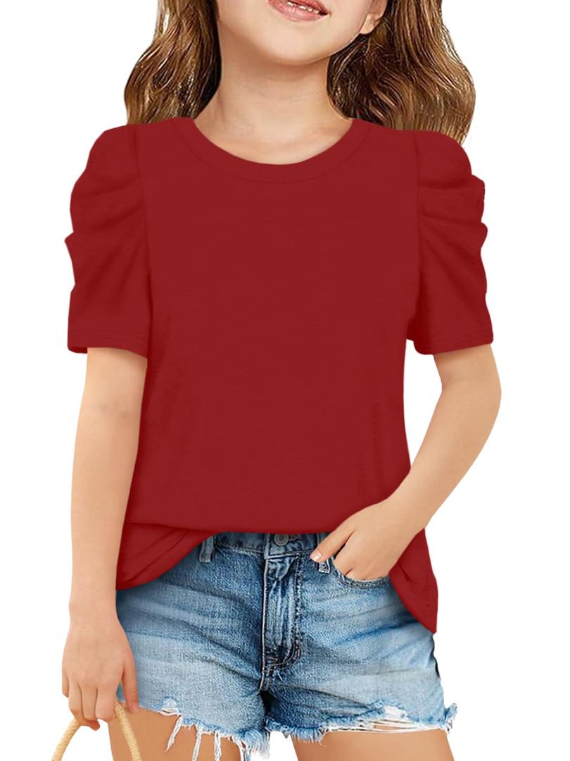 ZDC Girls Puff Short Sleeve Tops Crewneck T Shirts Red