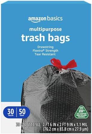 Amazon Basics 30 Gallon Flextra Strength Multipurpose Drawstring Trash Bags, 20% Post Consumer Recycled, 50 count