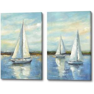 Bedroom Sailboat Canvas Wall Art: 2 Piece Ocean Nautical Painting Coastal landscape Textured Picture Seascape Artwork for living room Bathroom