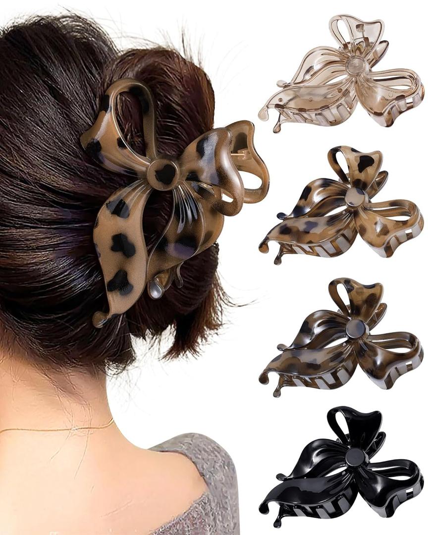 Mesovor 4 Pack Cute Bow Claw Clip for Women, Nonslip Large Matte Strong Hold Bows Hair Clips for Thin and Thick Hair | Chic Hair Styling Accessories (4.1" Black, Leopard)