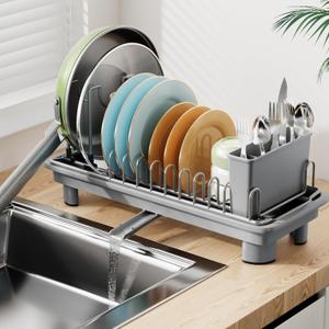Small Dish Drying Rack, Compact Dish Drainer for Kitchen Counter, with Adjustable Back Slots, Space-Saving for Small Kitchens, Gray