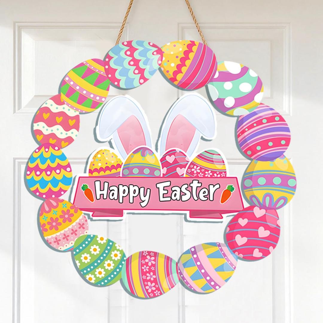 2 x Wooden Easter Decorative Door Wreath, Suitable for Front Door Signage, Hollow Rabbit Logo, and Spring Decoration Featuring Rabbits (Circle)