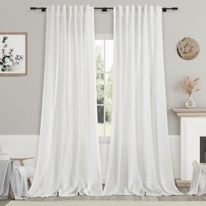 Off White Curtain 102 inches Long 2 Panels Set for Living Room Sliding Glass Door Back Tab Modern Farmhouse Coastal Decor Lightweight Cotton Textured Semi Sheer White Linen Curtains for Bedroom