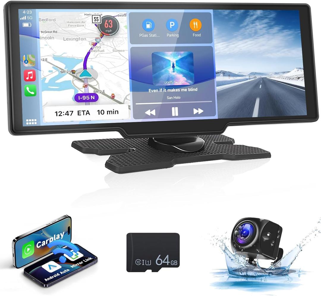 10.26 Inch 1080P HD Portable Touchscreen Car Stereo with Wireless Carplay Android Auto Screen for Car, Mirror Link, GPS, Dual Bluetooth, Voice Control, AUX/FM for All Vehicles