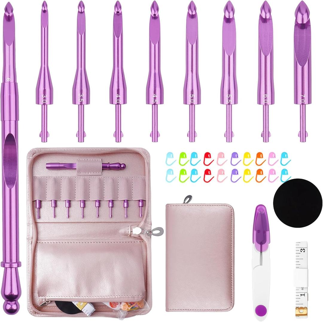 BsHooker Interchangeable Crochet Hooks Set with Case Inline Crochet Hooks Size from 3mm-8mm Ergonomic Handle Crochet Needles Set with Case for Beginners
