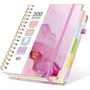 Hardcover Spiral Journal Notebook, 300 Pages 5 Subject Notebook College Ruled with Removable Dividers Tabs, 8" x 10" Notebooks for Work, Spiral Ruled Lined Writing Journal Hardcover Leather Notebook for School (Purple marble, 8''x 10'')
