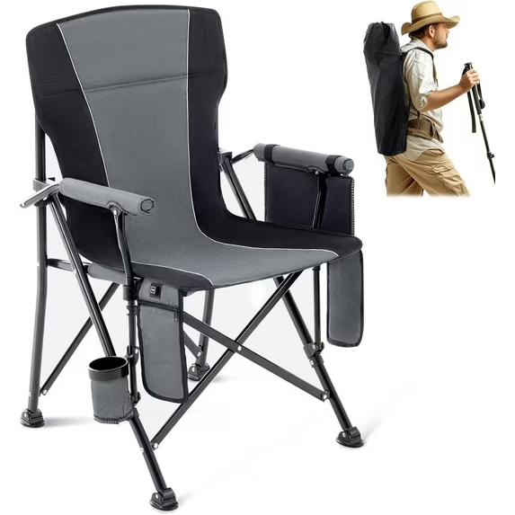 Camping Chairs, Portable Heated Folding Chairs for Outdoor Sports, Heavy Duty Lawn Chairs for Adults Support 400lbs, Heated Camp Chair with Cup Holder,Grey(2 Battery Pack Required)