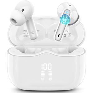 Wireless Earbud, Bluetooth 5.3 Headphones Deep Bass with 4 HD Mics, Wireless Headphones in Ear 40H Playtime, Bluetooth Earphones with Light Weight, IP7 Waterproof Ear Buds for Android IOS, Snow White
