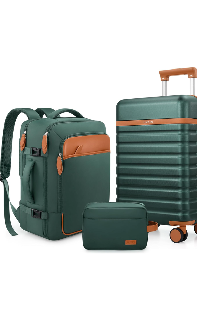 UKEIN Luggage Sets 3 Piece, Carry On Luggage 20In With Spinner Wheels,PC Hardside Suitcase Set with TSA Lock,Durable Carry On Suitcase With Travel Backpack for Men (Green, 3 piece set (20inch))
