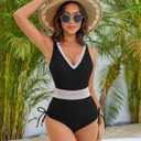 Womens One Piece Swimsuit Color Block Drawstring Swimwear Deep V Neck Tummy Control Bathing Suit (Black, XL)