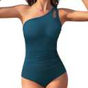 Century Star One Shoulder One Piece Swimsuit Women Tummy Control Modest Bathing Suits Full Coverage Swimming Suits Swimwear (Large, Dark Green)