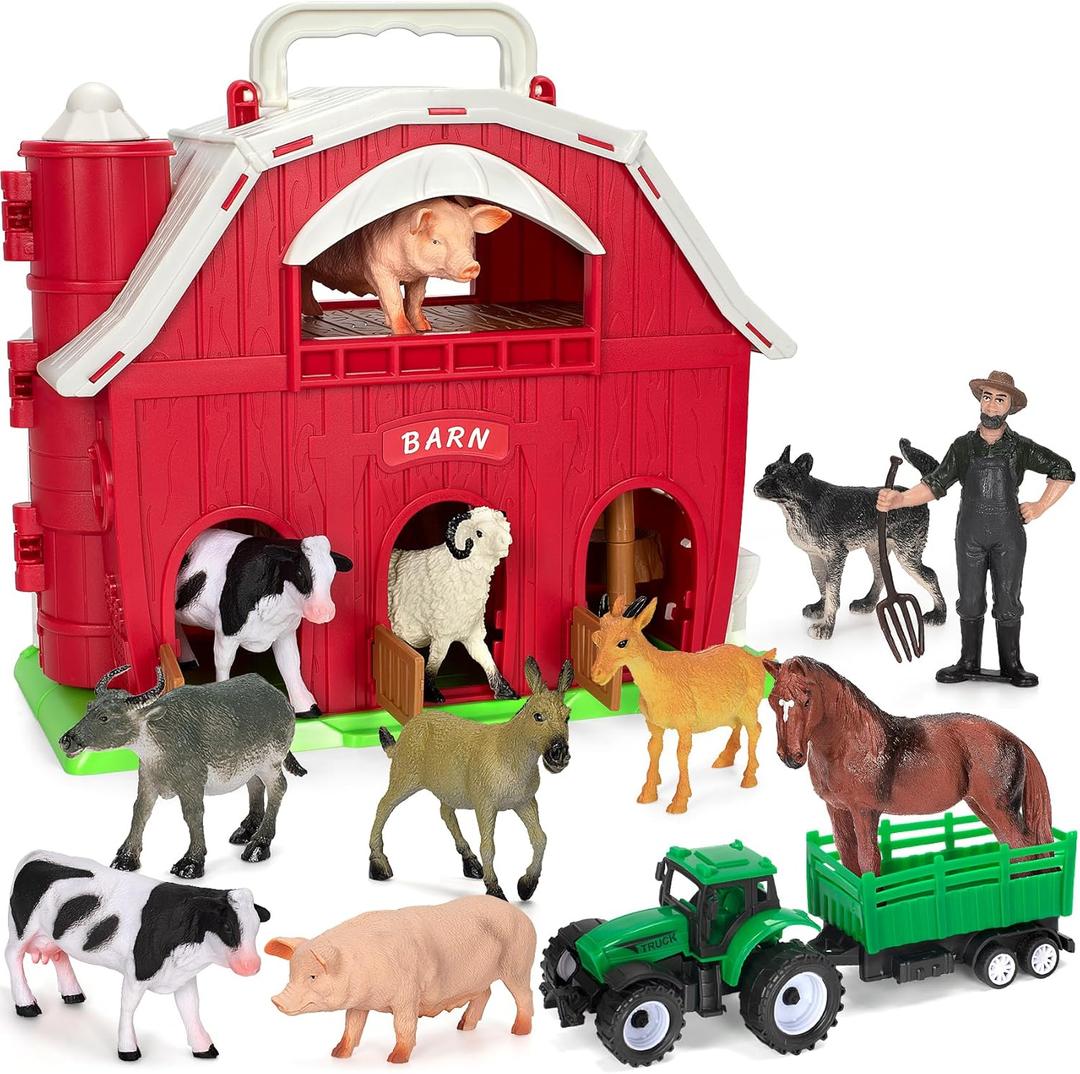 Farm Animals Toys for 1 2 3 4 5 Year Old Toddlers Girls Boys, Big Red Barn Farm Playset with Figures Animals and Tractor Toy for Kids 3-5, Educational Learning Toys, Christmas Birthday Easter Gifts