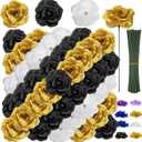 108pcs Roses Head Flowers with Stem - Black Gold White Graduation Artificial Flowers Rose Bulk - Silk Rose Fake Flower for Birthday Wedding Baby Shower Centerpieces Gold Theme Grad Party Tables Decor