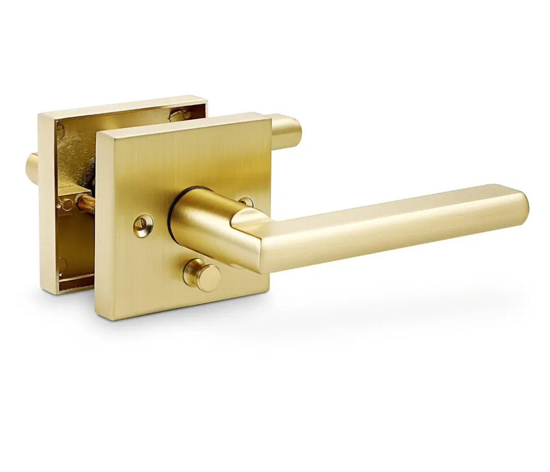 Linkaa Brass Gold Privacy Lever Door Handle Interior Levers, Keyless Door Lock with Adjustable Latch and Screws, Easy Install，Fit Standard Door (Pivacy，Push Button Lock，Stain Brass，1 Pack