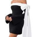 MakeMeChic Women's Off The Shoulder Bell Sleeve Mini Dress Bowknot Cocktail Party Bodycon Dresses Black and White, Medium