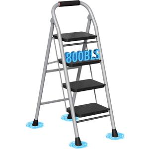 4 Step Ladder, Foldable Step Stool with Wide Anti-Slip Pedal & Thick Rubber Feet, Cushioned Handle, Safe-Lock Design, Folding Portable Ladder for Multi-Purpose, 800lb, Grey